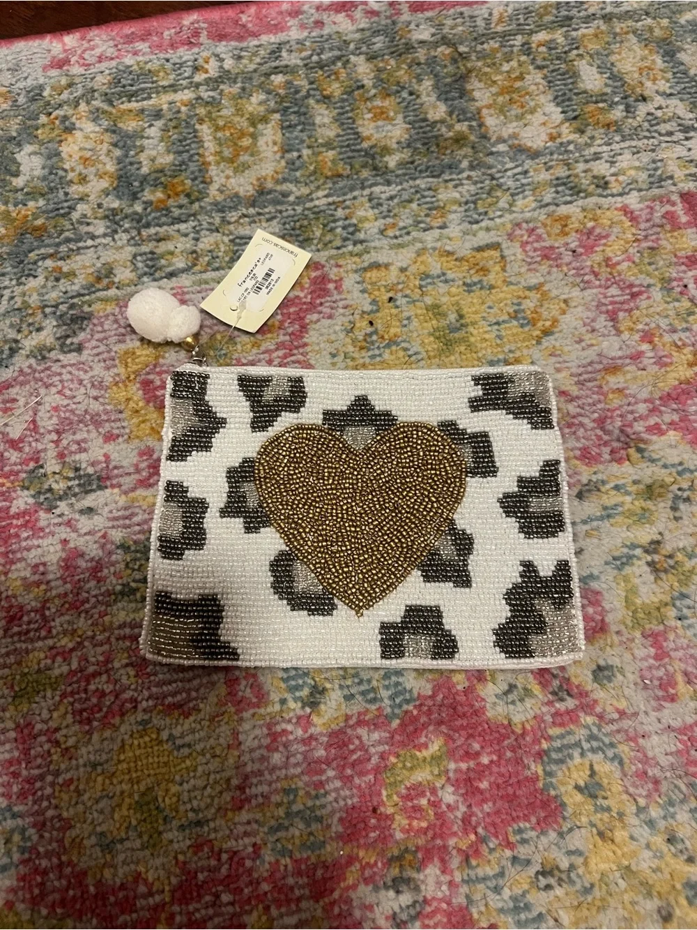 Francesca's Collections Beaded Heart Leopard Cosmetic Pouch - White, Black, Gold